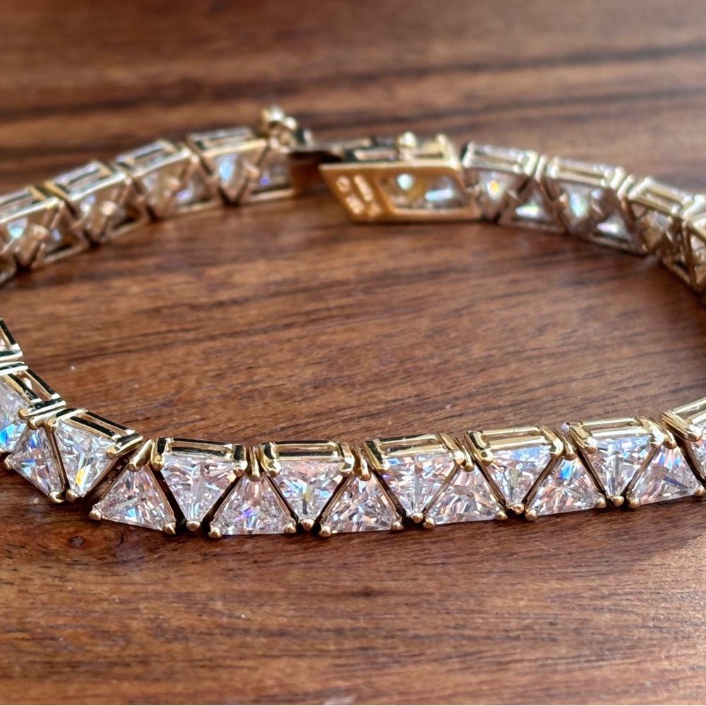Vintage Trillion Cut Clear CZ 925 Gold Vermeil  Bracelet 7.25” Gift for Her